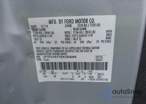 2014 Ford F-150 Fx4 z USA, uszkodzony, nr VIN 1FTFX1EF7EKG54269